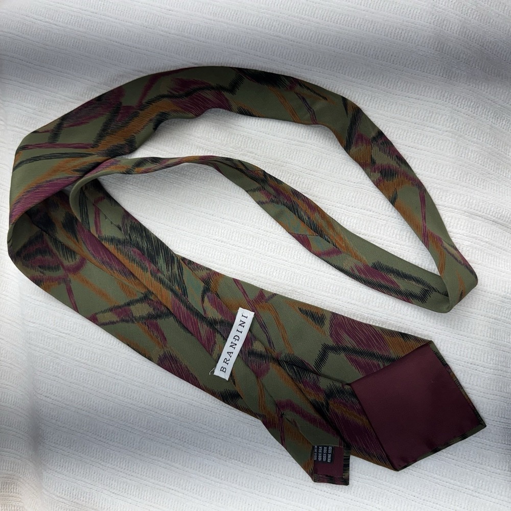 Brandini Silk Tie Green Abstract Pattern Italian Style Mens Vintage Necktie - Picture 2 of 6